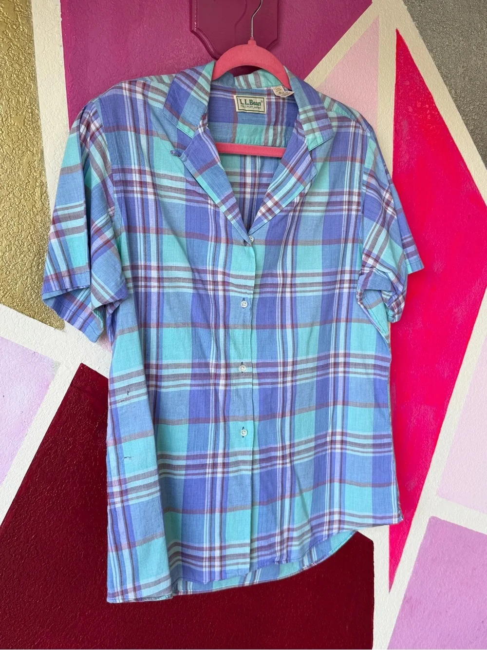 Vintage L.L. Bean Plaid Shirt Sz 18 Made in USA Purple Teal Short Sleeve